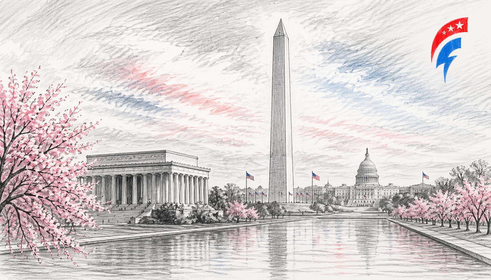 Pencil sketch of Washington DC landmarks including Washington Monument, Lincoln Memorial, and Capitol with cherry blossoms and patriotic colors