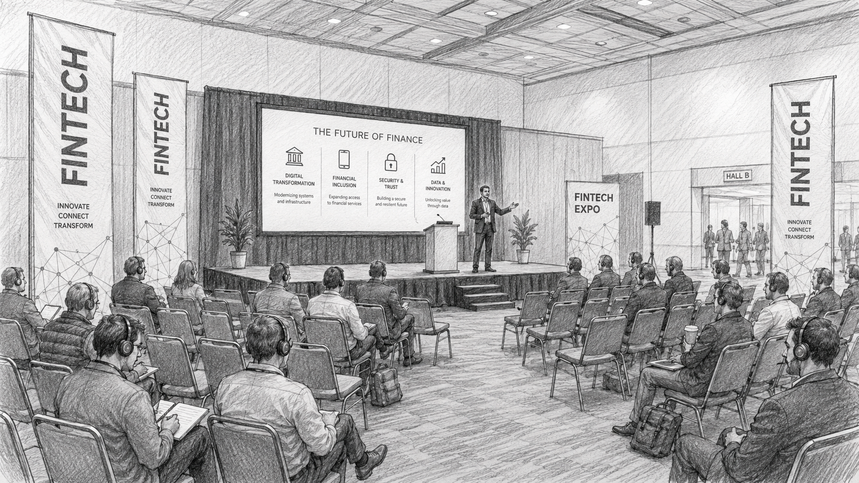 Black-and-white pencil sketch of a fintech conference speaker presenting to business finance professionals
