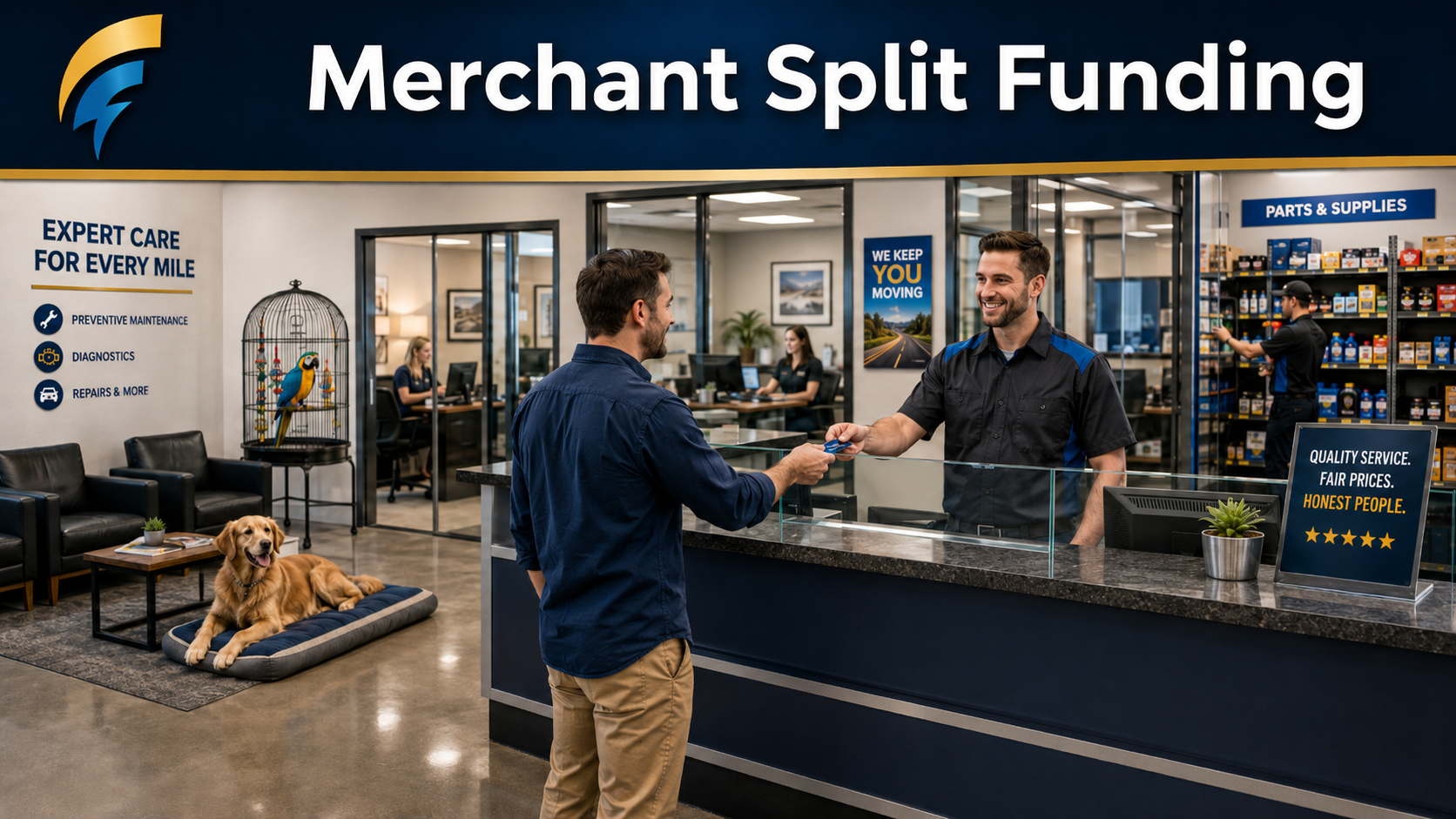 Auto repair shop customer paying by credit card at service counter with Merchant Split Funding banner